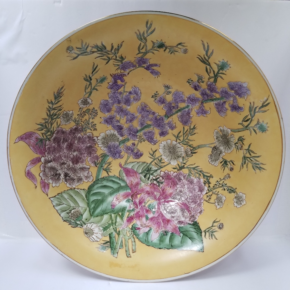 Vtg Oriental Accent Large Porcelain Bowl 13” Decorative Floral Yellow - Picture 5 of 12